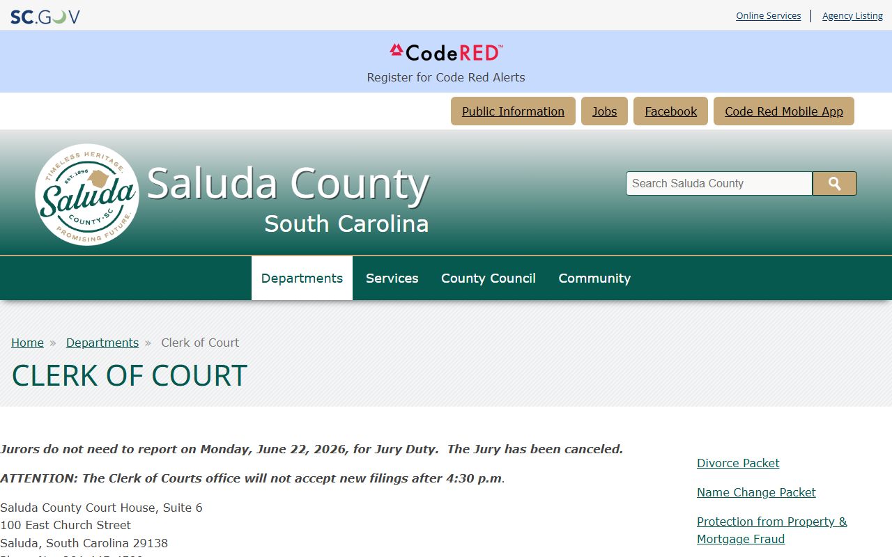 Saluda County court records Clerk of Court page